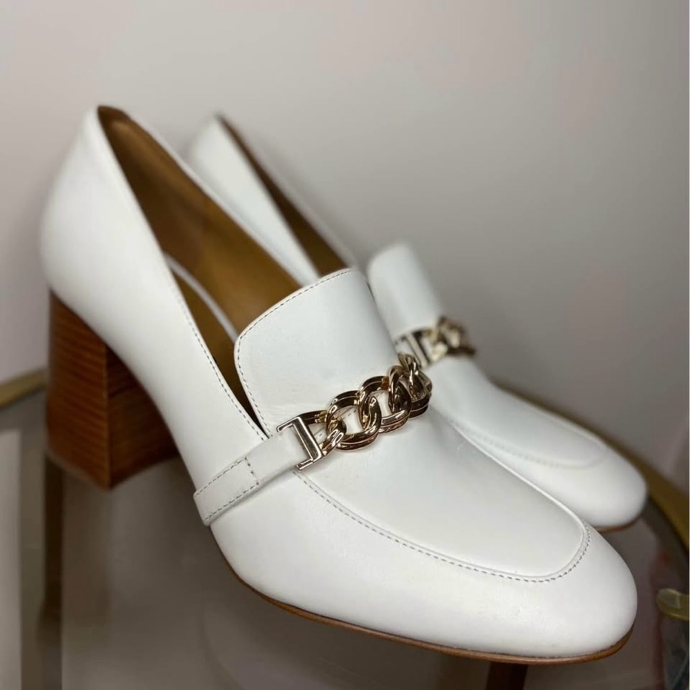 Nine West White Loafers with Gold Chain Detail